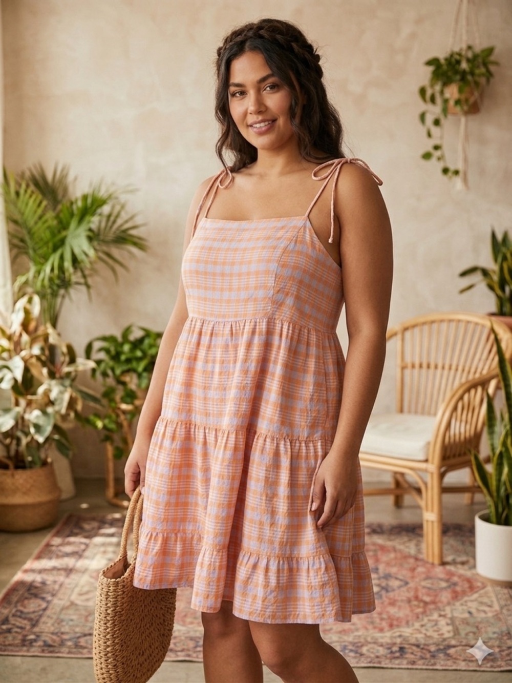 Carly Jean Los Angeles Orange Plaid Tie-Shoulder Tiered Sundress